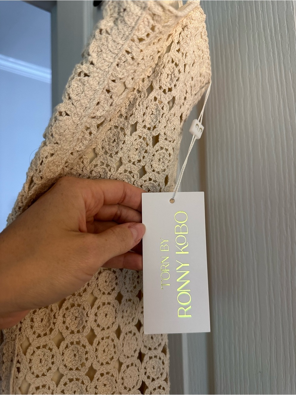 NWT Torn by Ronny Kobo Collection Cream Crochet Fringe Midi Dress $208 - Picture 7 of 9